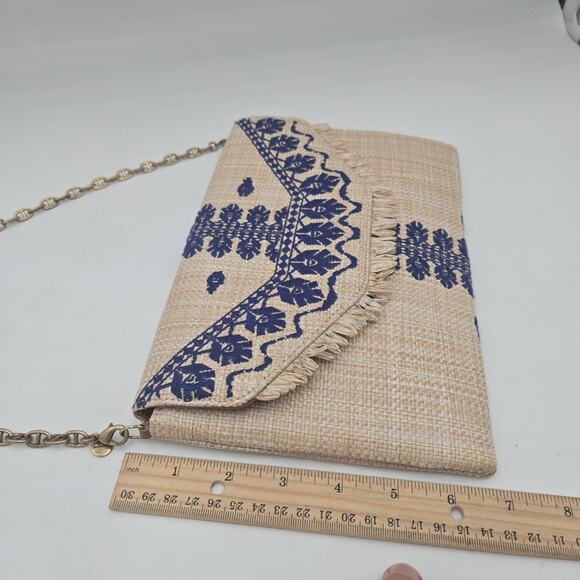 Stella & Dot Boho Raffia Blue Embroidered Clutch With Chain Purse Convertible - Picture 6 of 7